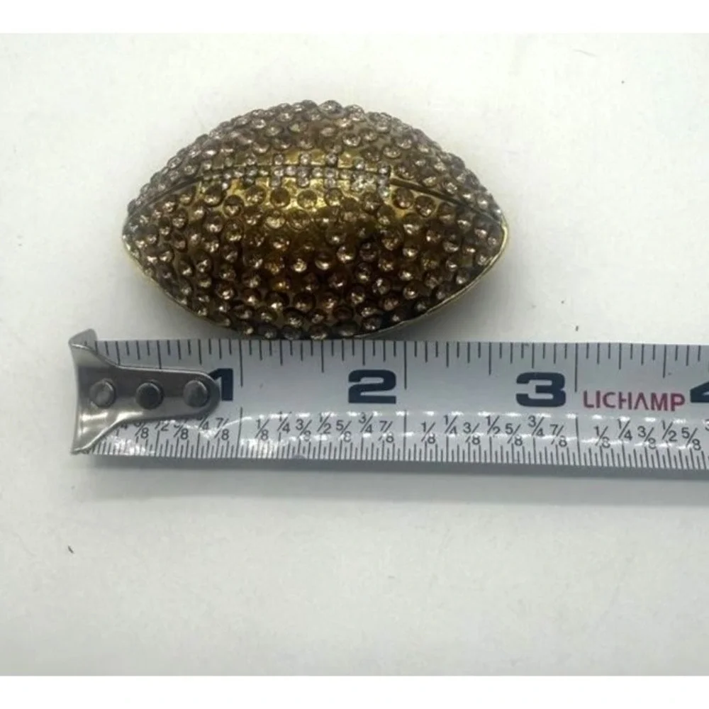Football Rhinestone Hinged Trinket Pill Box Gold Tone Crystal‎ Enamel Interior